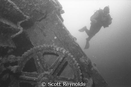 Lake Superior diver on shipwreck.  Black and white image ... by Scott Reynolds 