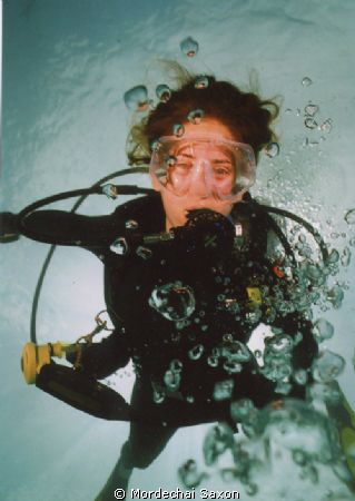 Key Largo, FL.  Bubbles in front of diver are photographe... by Mordechai Saxon 
