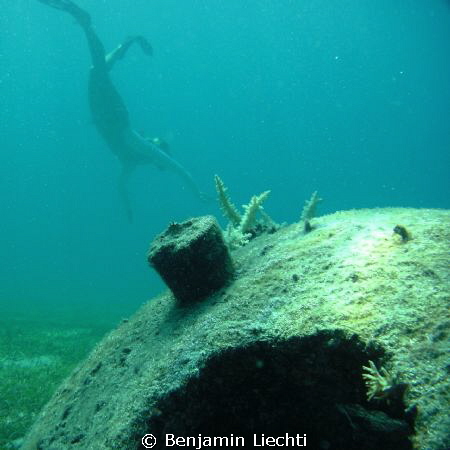 Woman snorkeling between concrete structures that serve a... by Benjamin Liechti 