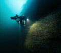 Descending on a 65 meter (215 ft) dive on the Dufferin Wall in Tobermory, Canada 