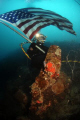 US NAVY DIVER WAVES AMERICAN FLAG OVER A WORLD WAR 2 AERIAL CRASH SITE DURING AN UNDERWATER RECOVERY MISSION TO LOCATE MISSING VETERANS THROUGHOUT MICRONESIA. 