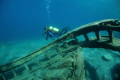 Diver swimming past the stern railing of the steam tug ' Alice G.' 