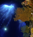 Big cave, coral, gorgonian, bubbles, light and divers....a magic underwater world. 