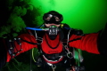 An underwater selfie of myself swimming along a wall filled with white plumose anemones in the Emerald waters of Pacific Northwest