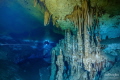 Double layer with double color: fresh water above, salt water below. Shot taken into the Jail House cave (also known as Remote Muknal Siphon), Mexico