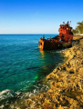 Stopped in Bimini, Bahamas overnite on my dive trip and went for a walk on the beautiful beach and found this amazing sight of a wreck along the seashore.  Looks likes its been here a long time.