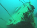 Wooden vessel found at 20m in Capernwray Lake, England. Visibility unusually good. Photo taken from bow with Olympus Mju700/DCL120 WA Lens
